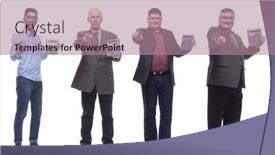  Presentation with calculator - PPT theme featuring collage-group-of-successful-financiers background and a coral colored foreground