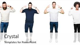  Presentation with great idea - Amazing slide deck having collage group young men white isolated background smiling pointing head both hands finger great idea thought good memory backdrop and a white colored foreground