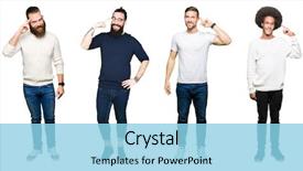  Presentation with great idea - Colorful slide deck enhanced with collage group young men white isolated background smiling pointing head one finger great idea thought good memory backdrop and a light blue colored foreground