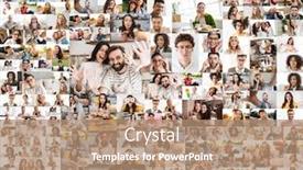  Presentation with people collage - Cool new PPT theme with collage-image-of-different-cheerful backdrop and a coral colored foreground