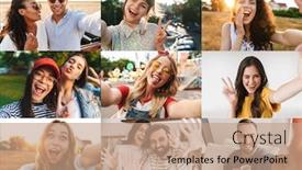  Presentation with people collage - Beautiful slide deck featuring collage-image-of-different-excited backdrop and a coral colored foreground