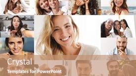  Presentation with people collage - Beautiful PPT theme featuring collage-image-of-different-happy backdrop and a coral colored foreground