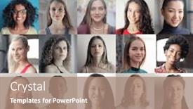  Presentation with women - Presentation theme having collage-of-a-group background and a coral colored foreground