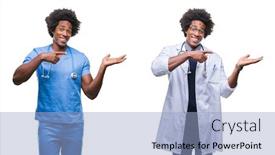  Presentation with hand surgeon - PPT theme featuring collage of african american young surgeon nurse doctor man over isolated background amazed and smiling to the camera while presenting with hand and pointing with finger background and a light blue colored foreground