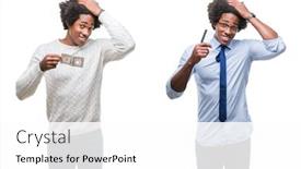  Presentation with african american business - Slides featuring collage of african american young business man holding dollar and credit card over isolated background stressed with hand on head shocked with shame and surprise face angry and frustrated fear background and a white colored foreground