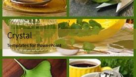  Presentation with tea plant - Cool new PPT layouts with collage of alternative healing remedies backdrop and a gold colored foreground