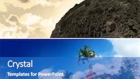  Presentation with green power - PPT theme with collage of an empty planet's soil and smoking power plant and green lush meadow with buildings and trees and blue cloudy sky background and a teal colored foreground