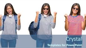  Presentation with winner - Amazing theme having collage of asian young student woman wearing headphones and backpack over white isolated background very happy and excited doing winner gesture with arms raised smiling and screaming for success backdrop and a ocean colored foreground