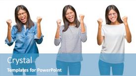  Presentation with winner - Colorful theme enhanced with collage of asian young woman standing wearing glasses over white isolated background very happy and excited doing winner gesture with arms raised smiling and screaming for success celebration backdrop and a teal colored foreground