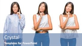  Presentation with asian - PPT layouts having collage of asian young woman standing wearing glasses over white isolated background with hand on chin thinking about question pensive expression smiling with thoughtful face doubt concept background and a teal colored foreground