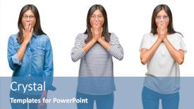  Presentation with collage - Colorful presentation design enhanced with collage of asian young woman standing wearing glasses over white isolated background shocked covering mouth with hands for mistake secret concept backdrop and a teal colored foreground