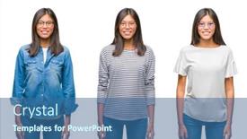  Presentation with asian - Cool new PPT theme with collage of asian young woman standing wearing glasses over white isolated background with a happy and cool smile on face lucky person backdrop and a ocean colored foreground