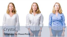  Presentation with collage - Cool new slides with collage of beautiful blonde business woman over white isolated background making fish face with lips crazy and comical gesture funny expression backdrop and a light blue colored foreground