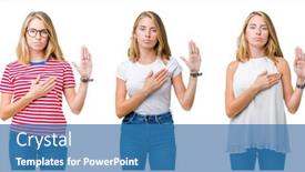  Presentation with hand palm - Colorful PPT theme enhanced with collage of beautiful blonde woman over white isolated background swearing with hand on chest and open palm making a loyalty promise oath backdrop and a teal colored foreground
