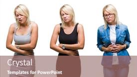  Presentation with stomach disease - Theme enhanced with collage of beautiful blonde woman over isolated background with hand on stomach because nausea painful disease feeling unwell ache concept background and a violet colored foreground
