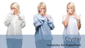  Presentation with bad breath - Beautiful PPT theme featuring collage of beautiful blonde woman wearing winter sweater over isolated background smelling something stinky and disgusting intolerable smell holding breath with fingers on nose bad smells concept backdrop and a teal colored foreground
