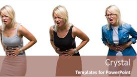  Presentation with stomach - Amazing theme having collage of beautiful blonde woman over isolated background with hand on stomach because indigestion painful illness feeling unwell ache concept backdrop and a tawny brown colored foreground