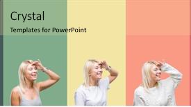  Presentation with far away - Audience pleasing slides consisting of collage of beautiful blonde woman backdrop and a  colored foreground