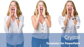  Presentation with collage - Audience pleasing PPT theme consisting of collage of beautiful blonde woman over white isolated background shouting angry out loud with hands over mouth backdrop and a teal colored foreground