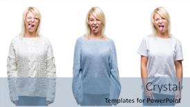  Presentation with collage - Audience pleasing slide deck consisting of collage of beautiful blonde woman wearing winter sweater over isolated background sticking tongue out happy with funny expression emotion concept backdrop and a teal colored foreground
