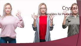  Presentation with collage - Presentation theme having collage of beautiful blonde young background and a  colored foreground