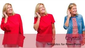  Presentation with listening woman - PPT theme featuring collage of beautiful middle age blonde woman over white isolated backgroud smiling with hand over ear listening an hearing to rumor or gossip deafness concept background and a red colored foreground