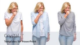 Presentation with medical mhealth healthcare concept - Presentation theme consisting of collage of beautiful middle age blonde woman over white isolated backgroud feeling unwell and coughing as symptom for cold or bronchitis healthcare concept background and a light blue colored foreground