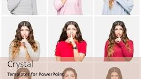  Presentation with collage - Presentation theme featuring collage of beautiful young woman wearing different looks over white isolated background asking to be quiet with finger on lips silence and secret concept background and a coral colored foreground