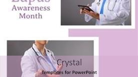  Presentation with digital healthcare - PPT theme featuring collage-of-biracial-female-doctor background and a  colored foreground