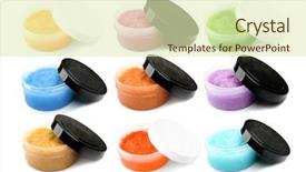  Presentation with scrubs - Cool new slide set with collage of body scrubs on white background backdrop and a soft green colored foreground