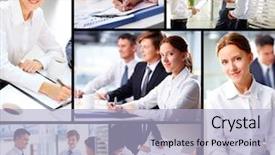  Presentation with people collage - Presentation theme with collage of business people working background and a  colored foreground