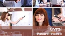  Presentation with busy work - Slide deck with collage of busy people discussing work and studying background and a tawny brown colored foreground