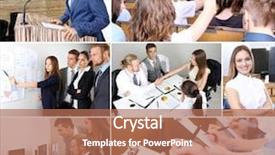  Presentation with busy work - Slides featuring collage of busy people discussing work and studying background and a coral colored foreground
