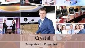  Presentation with busy work - Beautiful PPT layouts featuring collage of busy people discussing work and studying backdrop and a coral colored foreground