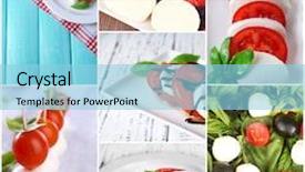  Presentation with mozzarella cheese - Beautiful slide set featuring collage of cheese mozzarella with tomatoes isolated on white backdrop and a light blue colored foreground