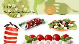  Presentation with mozzarella cheese - Cool new PPT theme with collage of cheese mozzarella with tomatoes isolated on white backdrop and a yellow colored foreground