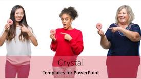  Presentation with chinese american - Colorful slide deck enhanced with collage of chinese african american and caucasian people eating a donut over isolated background very happy pointing with hand and finger backdrop and a red colored foreground