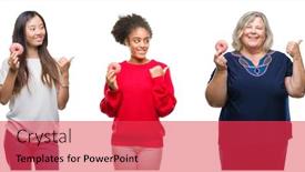  Presentation with chinese american - Slide deck consisting of collage of chinese african american and caucasian people eating a donut over isolated background pointing and showing with thumb up to the side with happy face smiling background and a red colored foreground