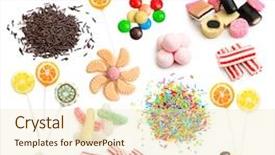  Presentation with bright colorful candy isolated - Slide deck enhanced with collage of colorful assorted candy background and a soft green colored foreground