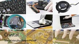  Presentation with computer components - Slide deck with collage of computer laptop hardware background and a yellow colored foreground