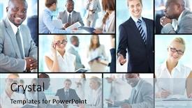  Presentation with meetings - Audience pleasing presentation theme consisting of collage of confident business partners backdrop and a light blue colored foreground