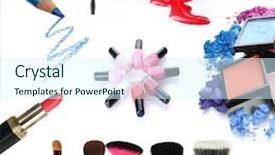  Presentation with cosmetics - Beautiful slide set featuring collage of cosmetics for professional make-up isolated on white backdrop and a sky blue colored foreground