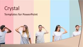  Presentation with young happy people smiling - Audience pleasing presentation theme consisting of collage of different ethnics young backdrop and a  colored foreground