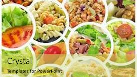 Presentation with pasta - Colorful slide deck enhanced with mediterranean diet - collage of different salads such backdrop and a yellow colored foreground