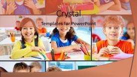  Presentation with school - Beautiful slide deck featuring collage of diligent schoolchildren backdrop and a red colored foreground