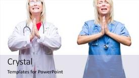  Presentation with praying hands - Slide set featuring collage of doctor and nurse background and a  colored foreground