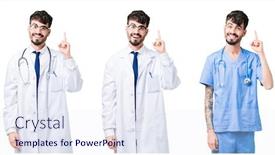  Presentation with collage medical - Audience pleasing PPT theme consisting of collage of doctor man wearing medical coat over isolated background pointing finger up with successful idea exited and happy number one backdrop and a sky blue colored foreground
