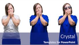  Presentation with hands down - Slides having collage of down sydrome woman over isolated background shocked covering mouth with hands for mistake secret concept background and a navy blue colored foreground