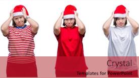  Presentation with hands down - Presentation having collage of down sydrome woman wearing christmas hat over isolated background suffering from headache desperate and stressed because pain and migraine hands on head background and a crimson colored foreground