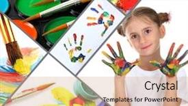  Presentation with children education - Colorful presentation theme enhanced with collage of education children backdrop and a coral colored foreground